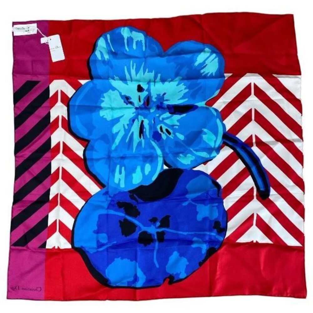 Christian Dior 22 Flp070 I615 2022 Flower Pop Scarf Silk Red Blue Pink - Picture 6 of 8